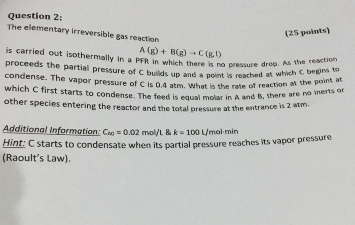 Solved The elementary irreversible gas reaction A(g) + B(g) | Chegg.com
