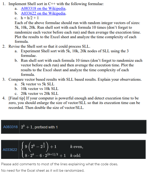 1. Implement Shell sort in C++ with the following | Chegg.com