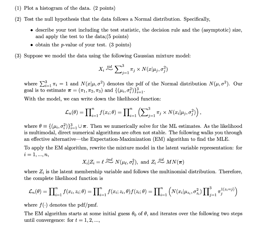 Solved (1) Plot a histogram of the data. (2 points) (2) Test | Chegg.com