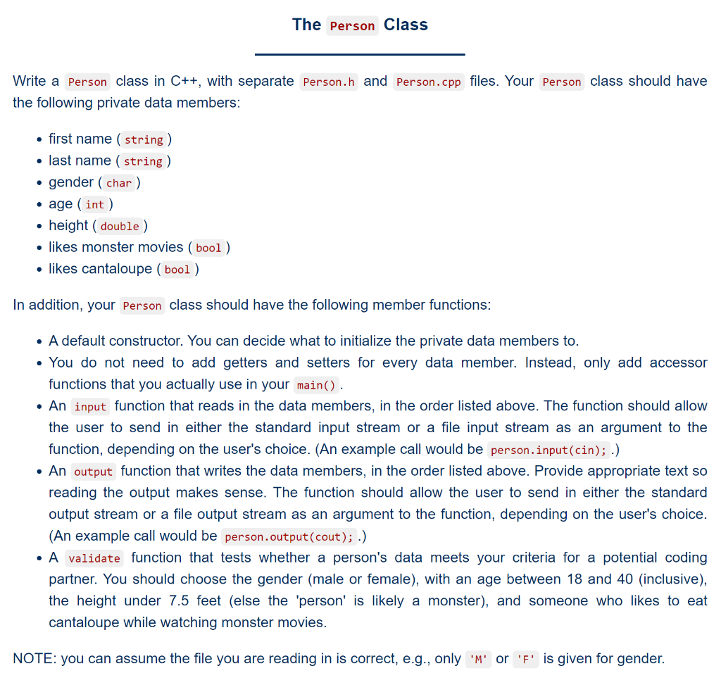 The Person Class Write a person class in C++, with  Chegg.com