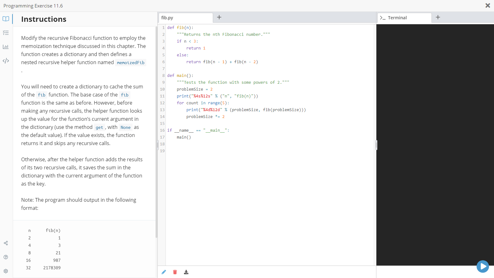 Solved Programming Exercise 11.6 Х + | Instructions Fib.py | Chegg.com