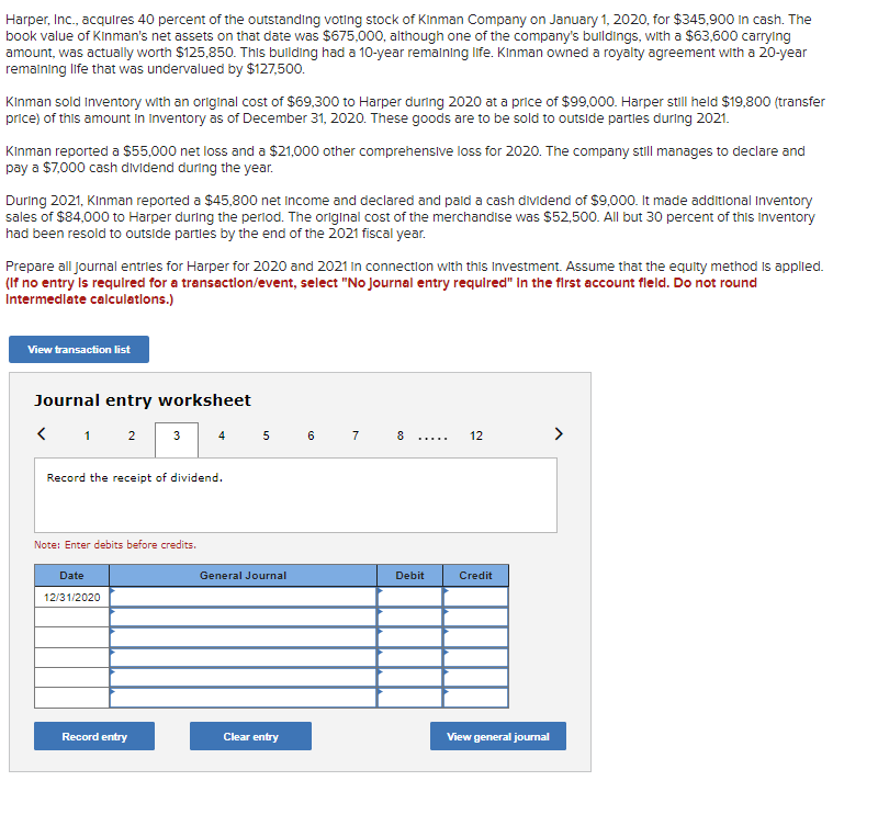 Harper, Inc., acquires 40 percent of the outstanding voting stock of KInman Company on January 1,2020 , for \( \$ 345,900 \) 