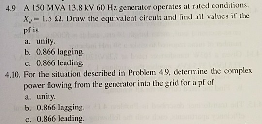 Solved 4.9. A 150 MVA 13.8 kV 60 Hz generator operates at | Chegg.com