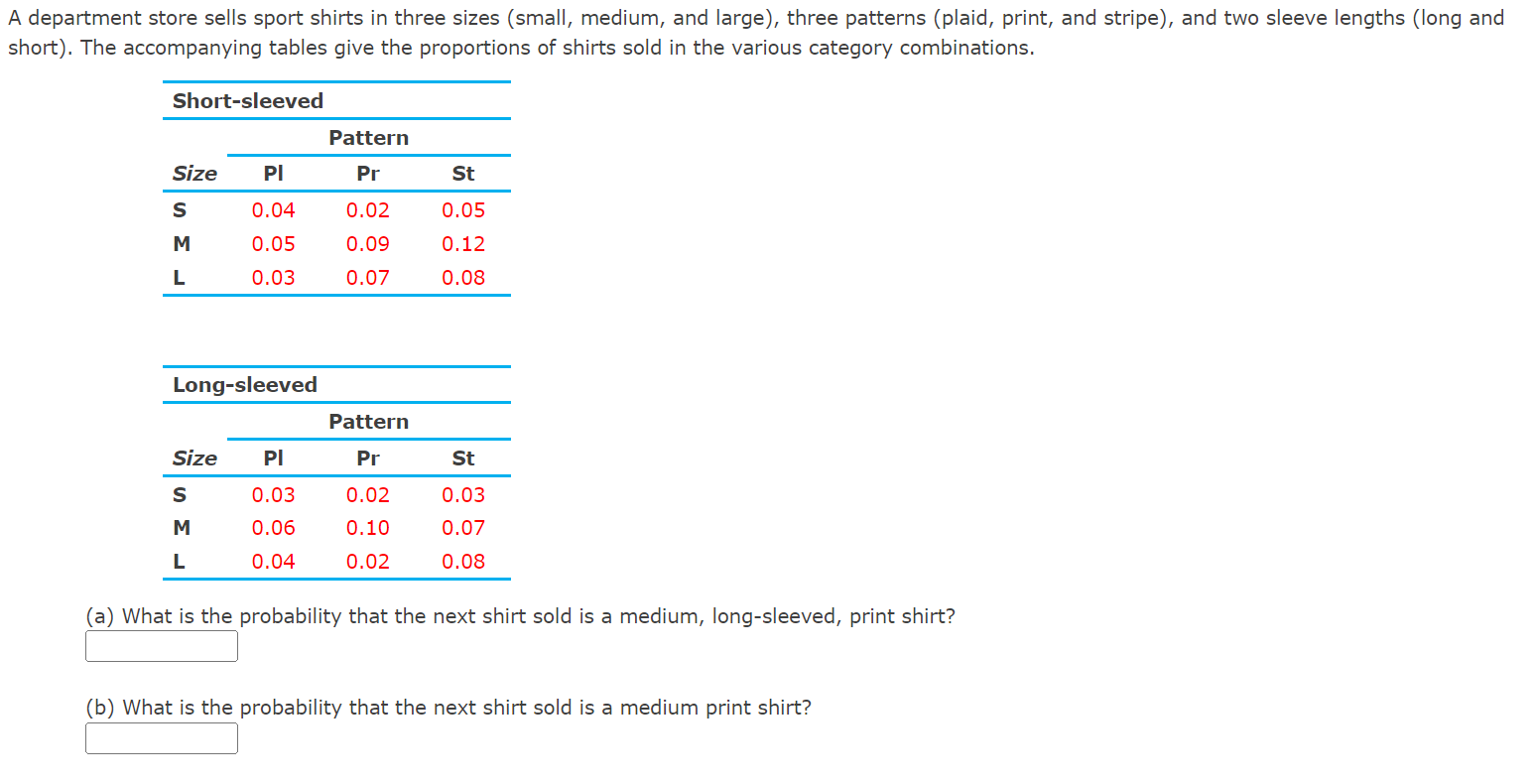 Solved A department store sells sport shirts in three sizes