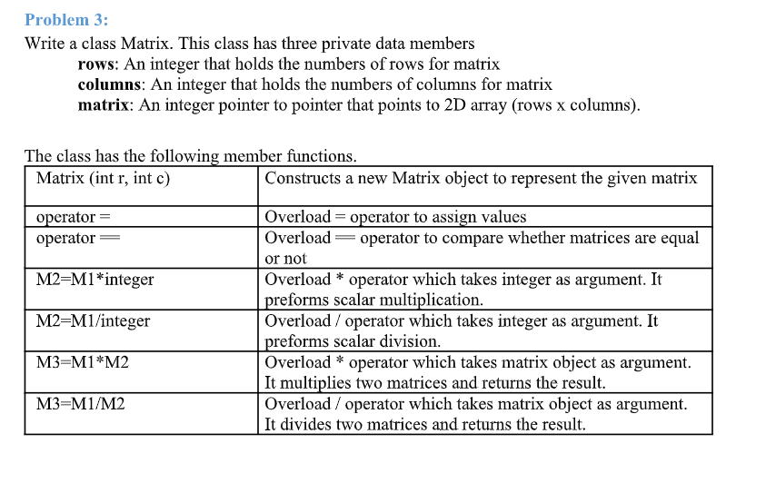 Solved Problem 3: Write a class Matrix. This class has three | Chegg.com