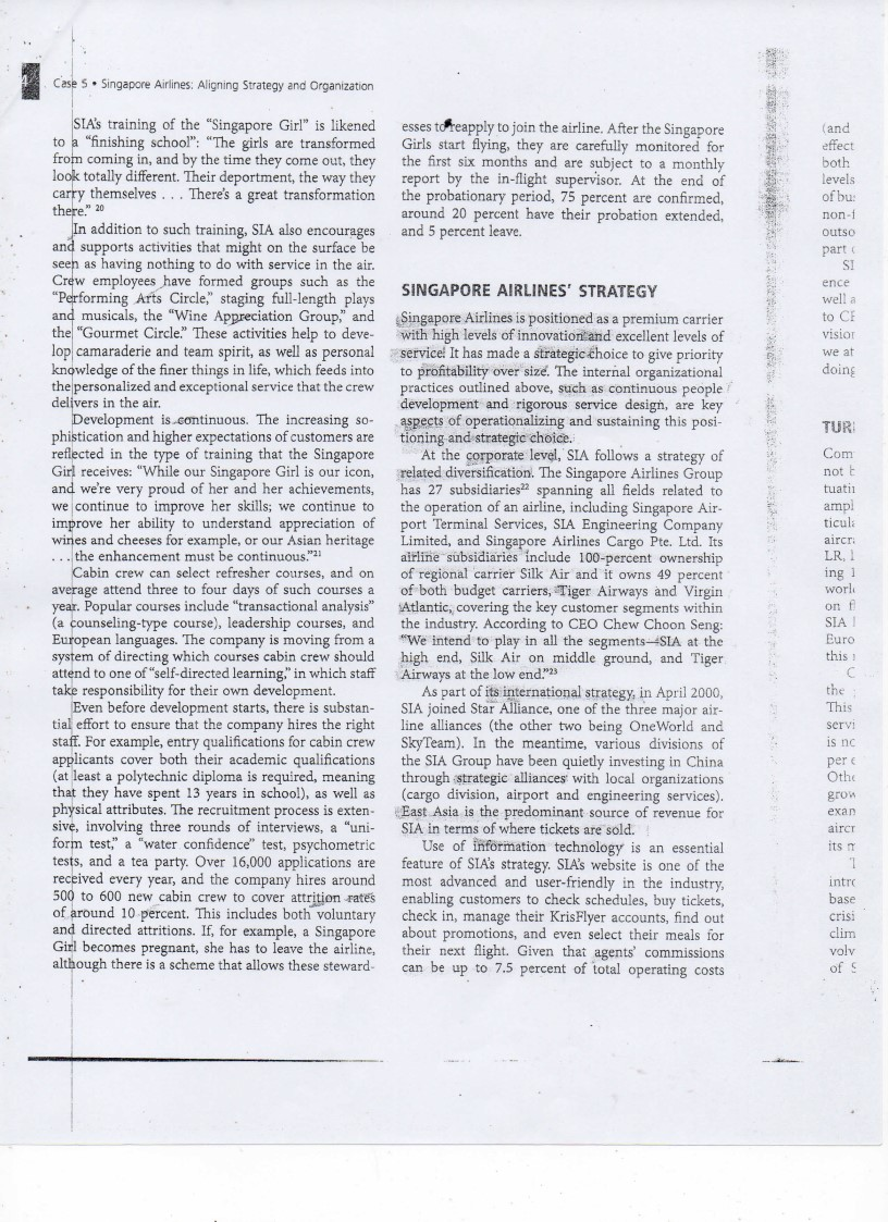 4 Cases Singapore Airlines: Aligning Strategy and Organization (and effect both levels of bu non outso part there. 20 groups