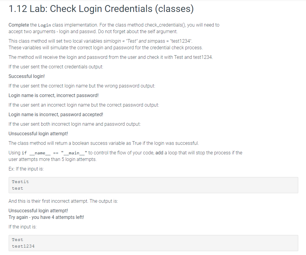 Solved 1.12 Lab: Check Login Credentials (classes) Complete | Chegg.com