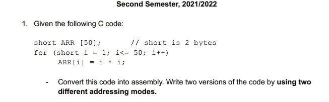 Solved Second Semester, 2021/2022 1. Given the following C | Chegg.com
