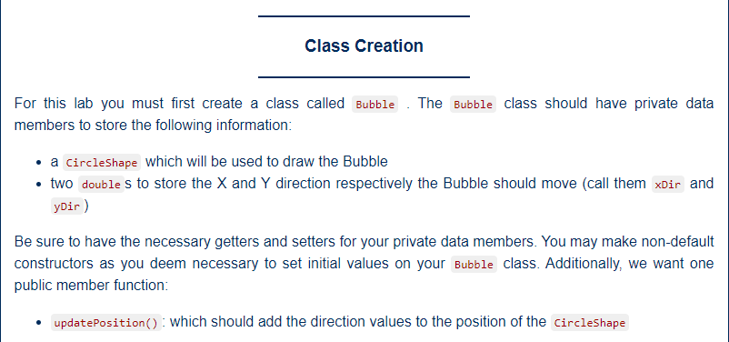 Solved Class Creation For this lab you must first create a | Chegg.com