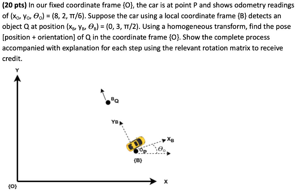Solved (20 pts) In our fixed coordinate frame {0}, the car | Chegg.com