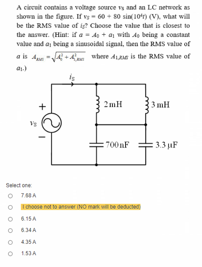 Solved A Circuit Contains A Voltage Source Vs And An Lc N Chegg Com