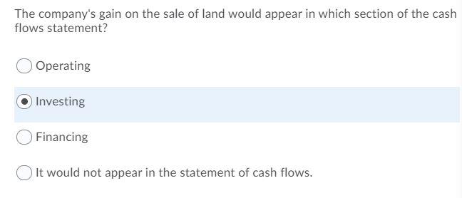 Solved The company's gain on the sale of land would appear | Chegg.com