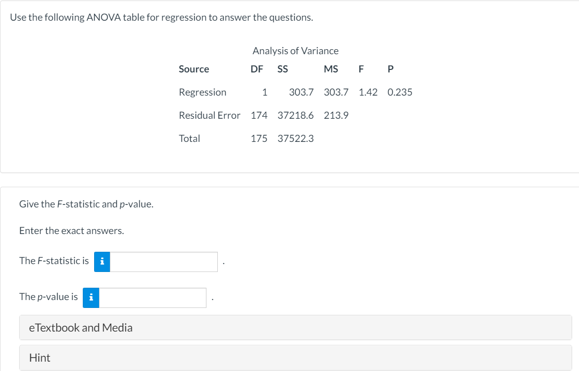 Solved Use the following ANOVA table for regression to | Chegg.com