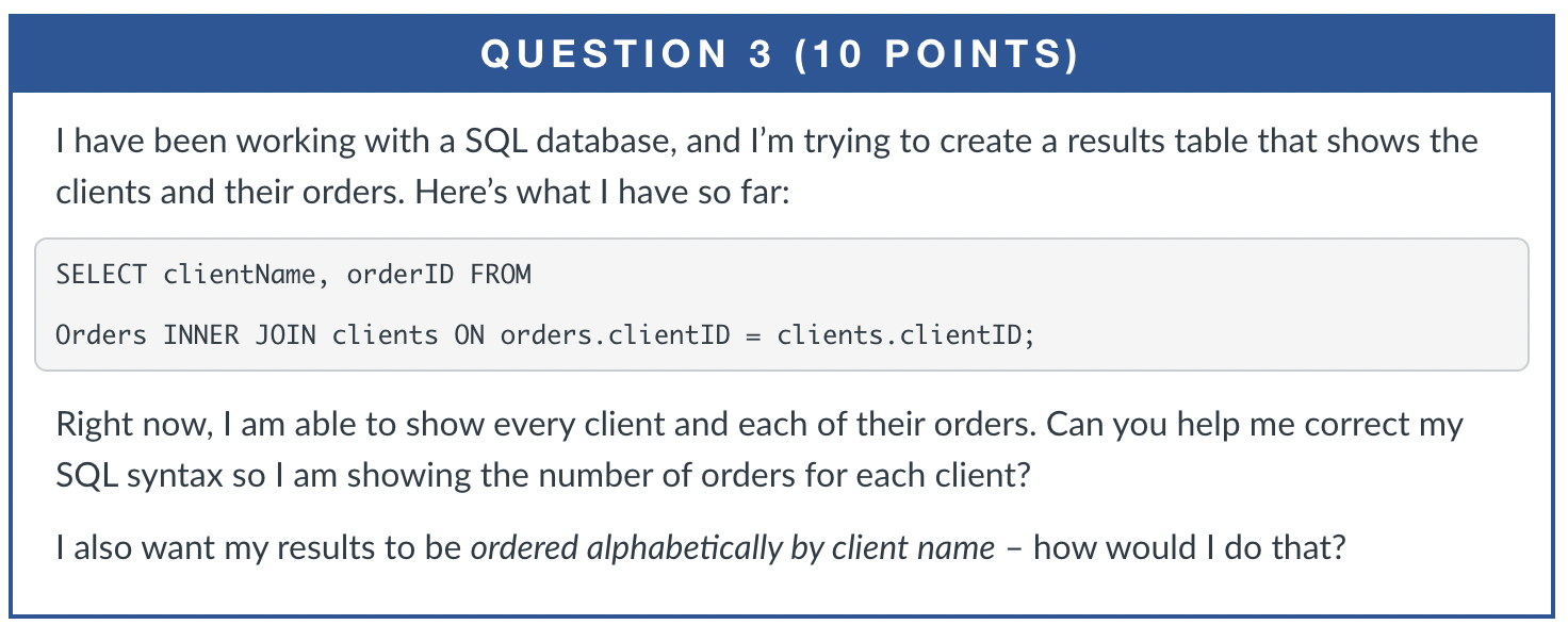 Solved I have been working with a SQL database, and I’m | Chegg.com