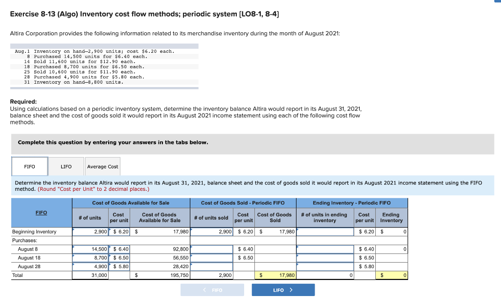 Solved Exercise 8-13 (Algo) Inventory cost flow methods; | Chegg.com