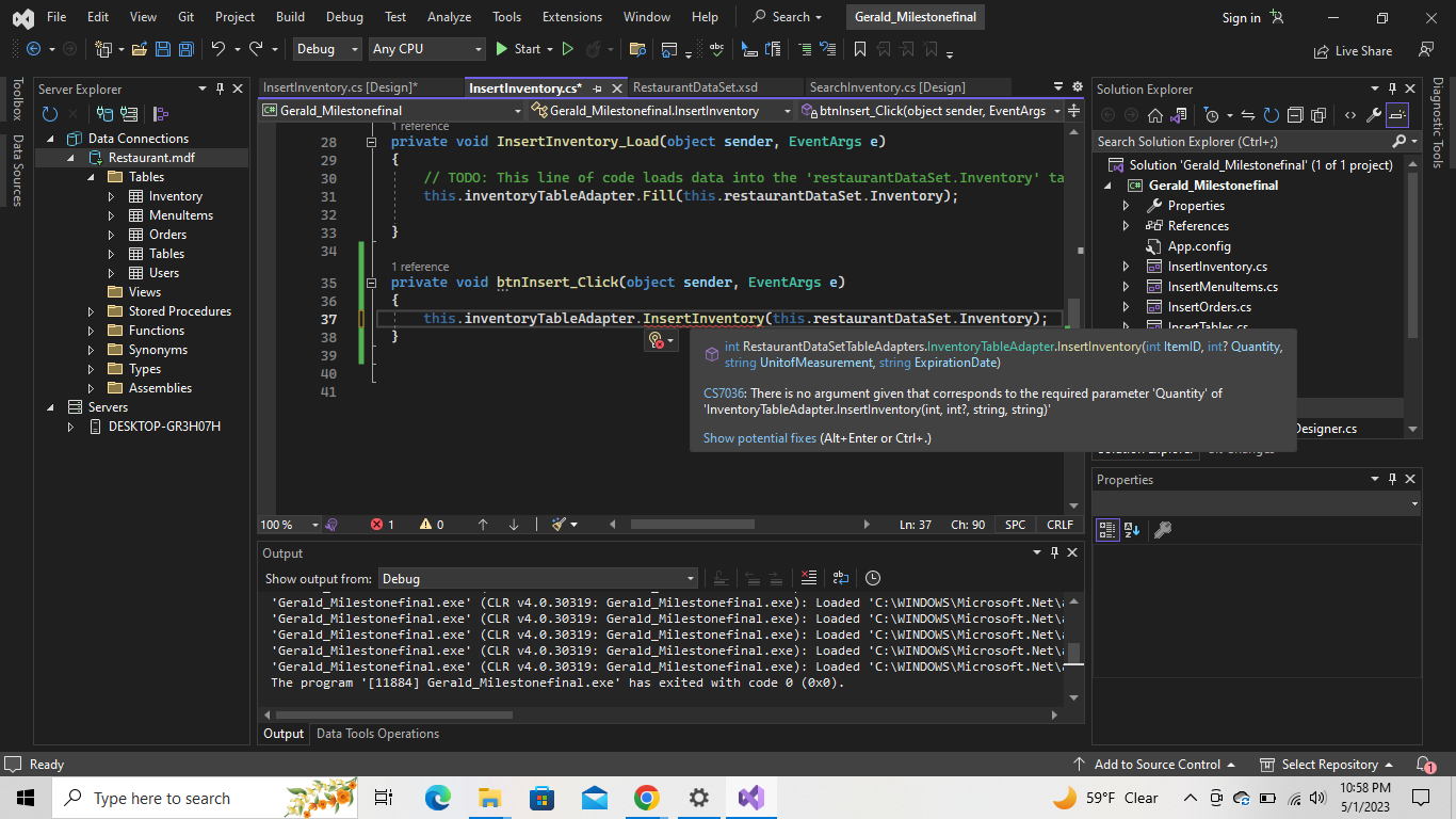 Visual Studio Help: Can you help me resolve an error | Chegg.com