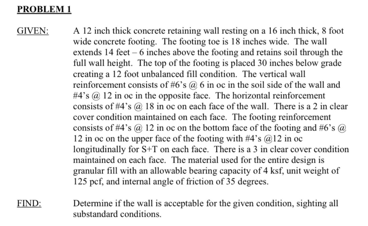 Solved A 12 inch thick concrete retaining wall resting on a | Chegg.com