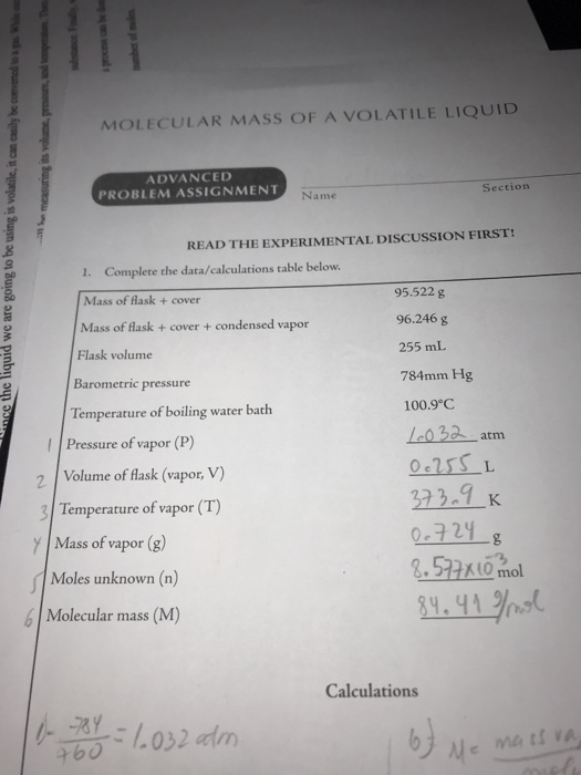 Solved MOLECULAR MASS OF A VOLATILE LIQUID ADVANCED PROBLEM | Chegg.com