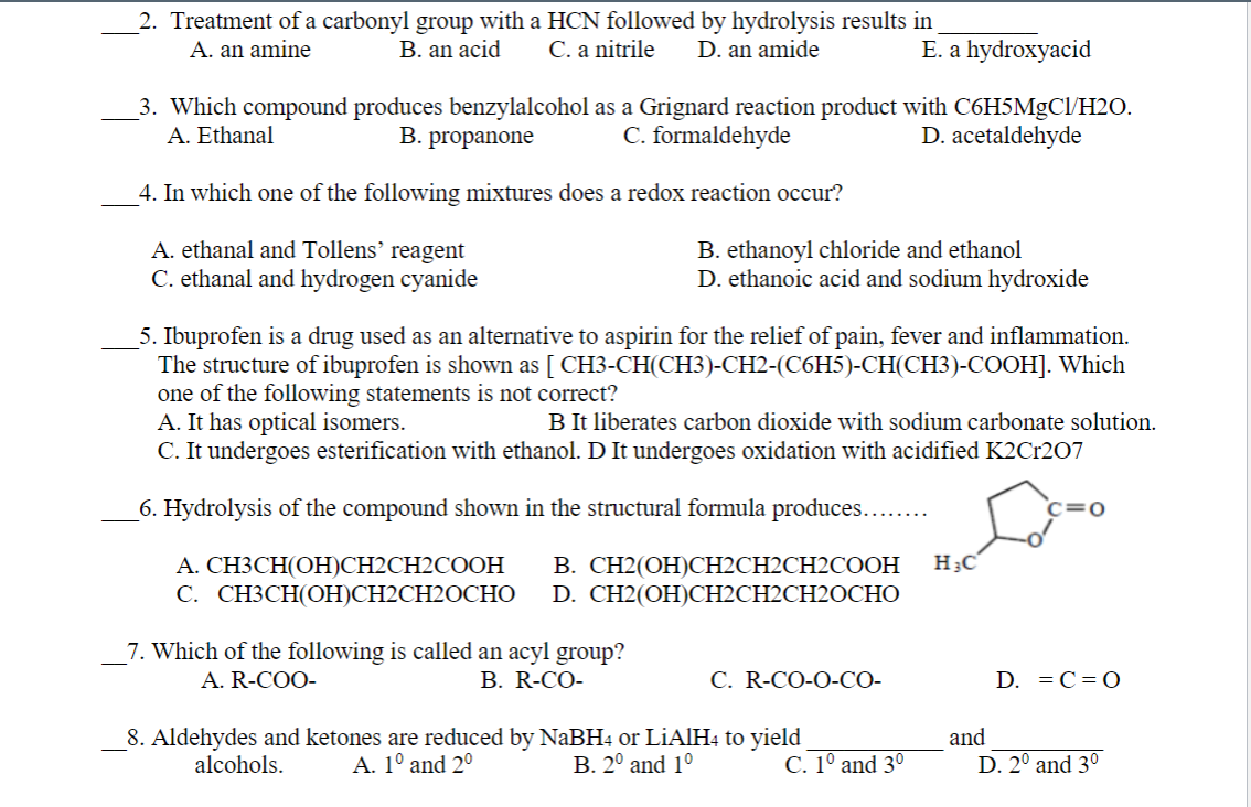 Solved 2. Treatment of a carbonyl group with a HCN followed | Chegg.com