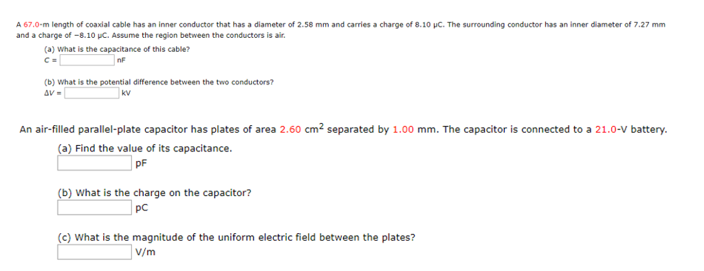 Solved A 67.0-m length of coaxial cable has an inner | Chegg.com