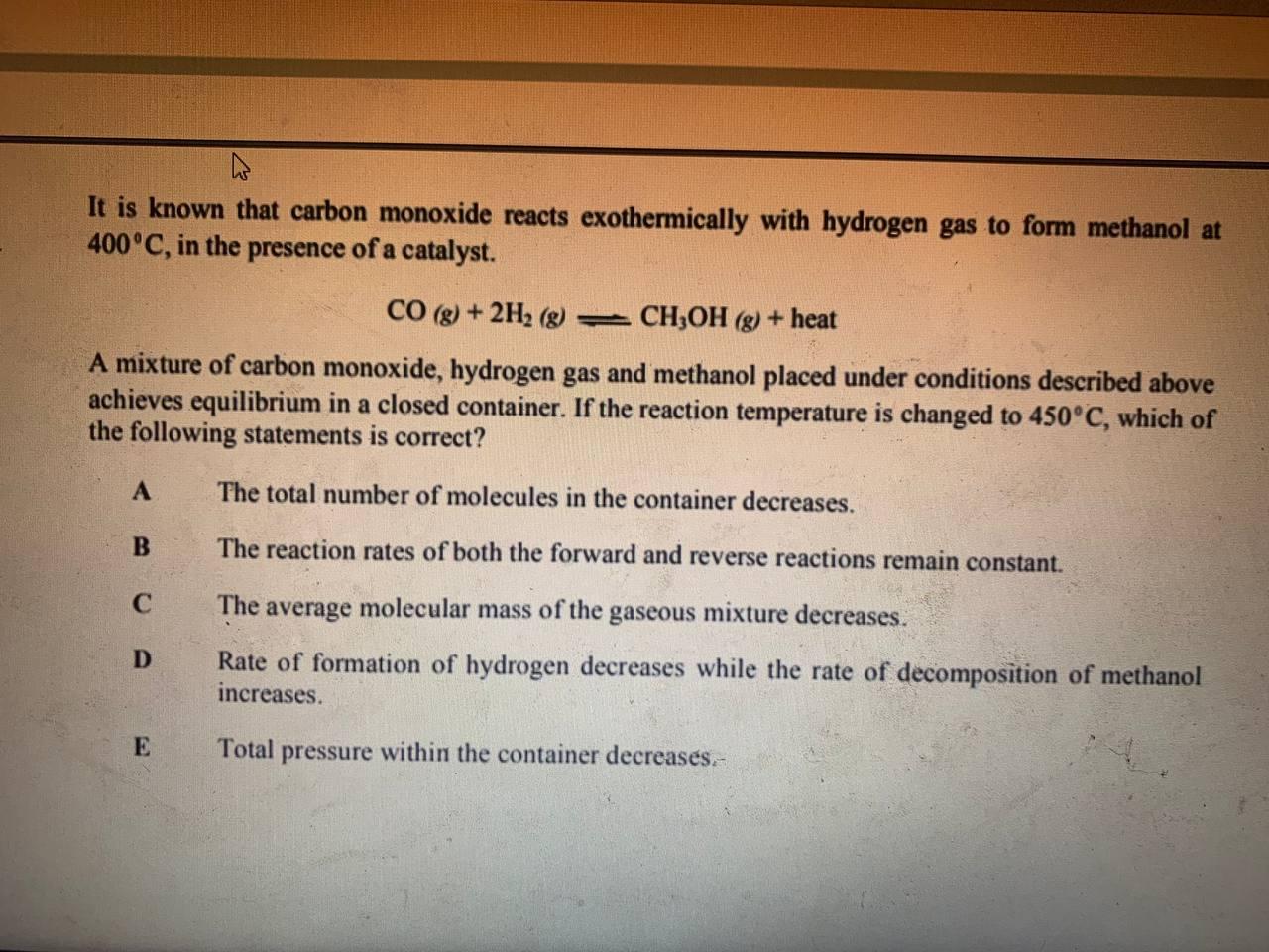 Solved It is known that carbon monoxide reacts | Chegg.com