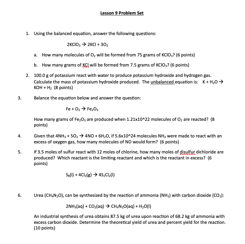 Solved Lesson 9 Problem Set 1. Using the balanced equation, | Chegg.com