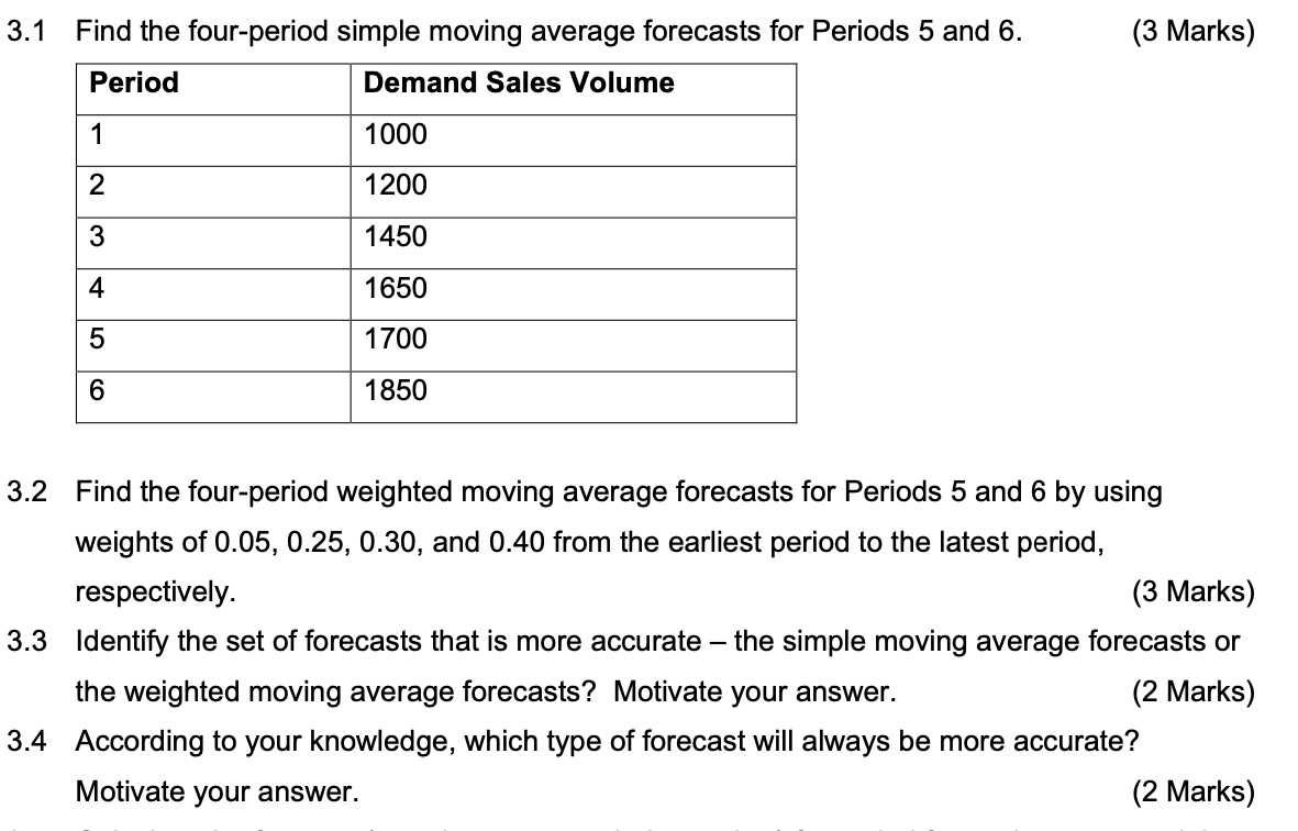 Solved 3.2 Find the four-period weighted moving average | Chegg.com