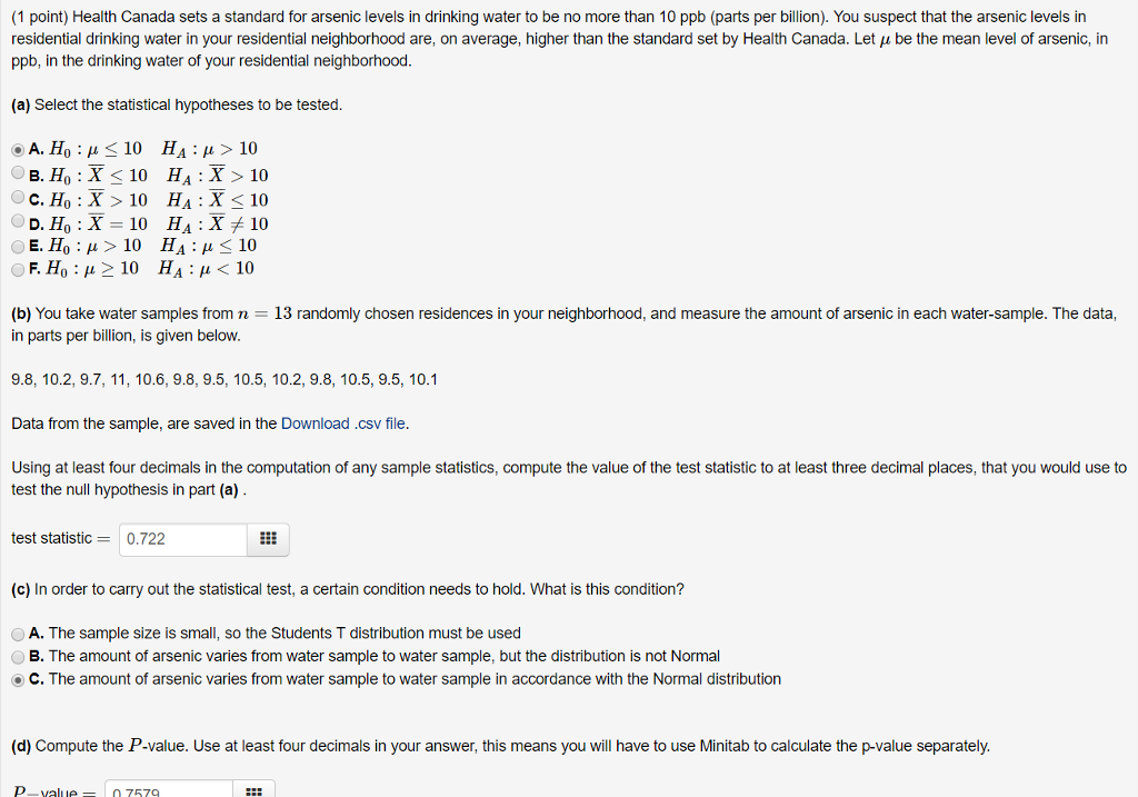 Solved (1 point) Health Canada sets a standard for arsenic | Chegg.com