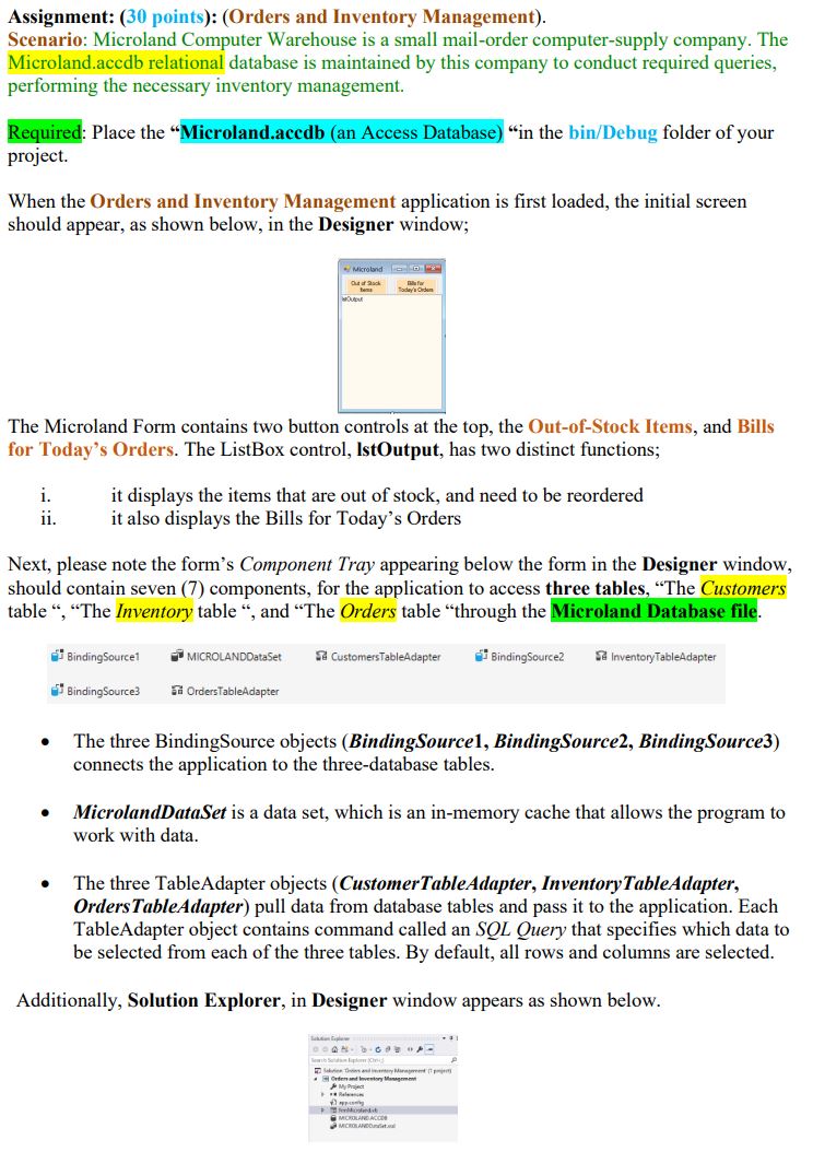 Assignment: ( 30 points): (Orders and Inventory | Chegg.com