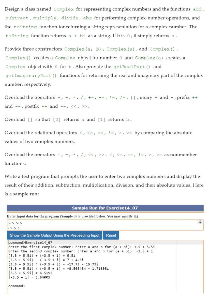 Solved C++ Please 14.7 (Math: The Complex class) A complex | Chegg.com