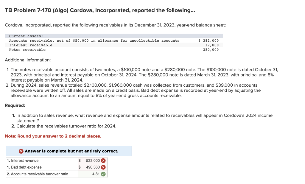 Solved TB Problem 7-170 (Algo) Cordova, Incorporated, | Chegg.com