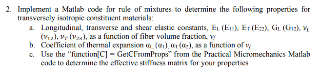 Solved 2. Implement a Matlab code for rule of mixtures to | Chegg.com