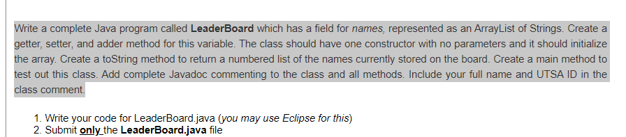Solved Write a complete Java program called Leaderboard | Chegg.com
