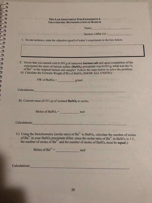 Solved PRE-LAB ASSIGNMENT FOR EXPERIMENT 6 GRAVIMETRIC | Chegg.com