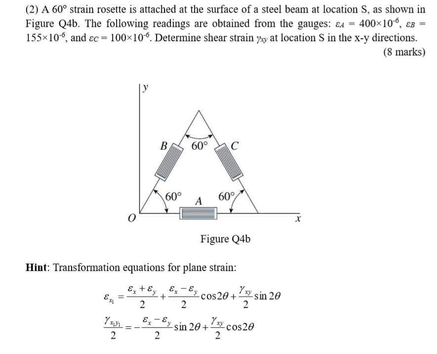 Solved (2) A 60° strain rosette is attached at the surface | Chegg.com