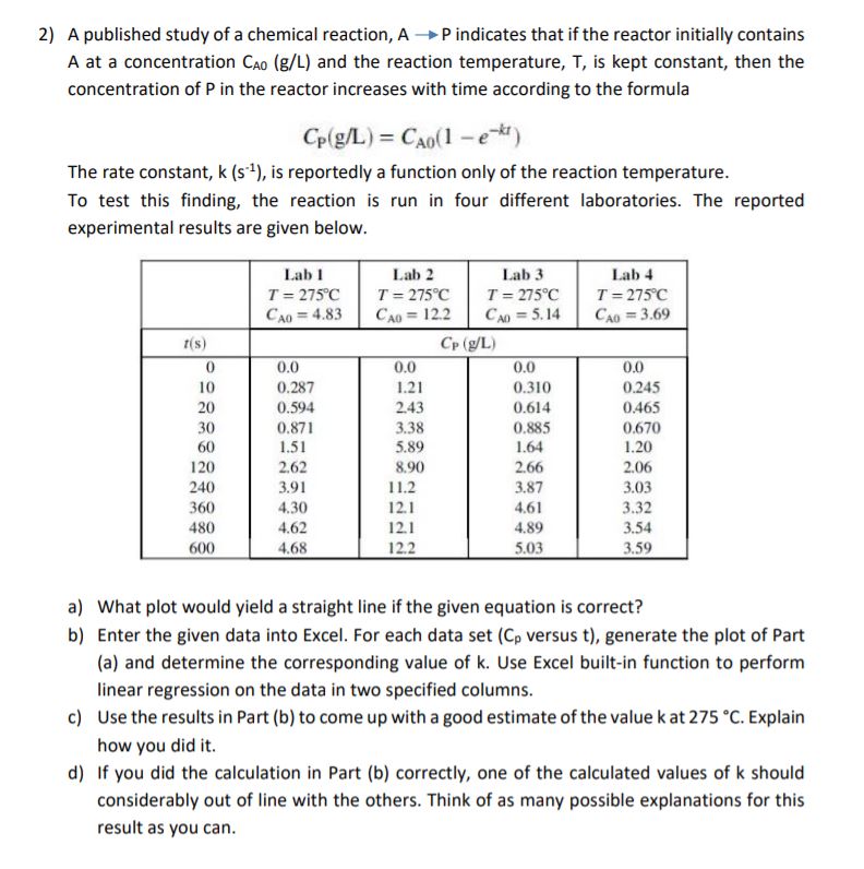 Solved 2) A published study of a chemical reaction, A | Chegg.com