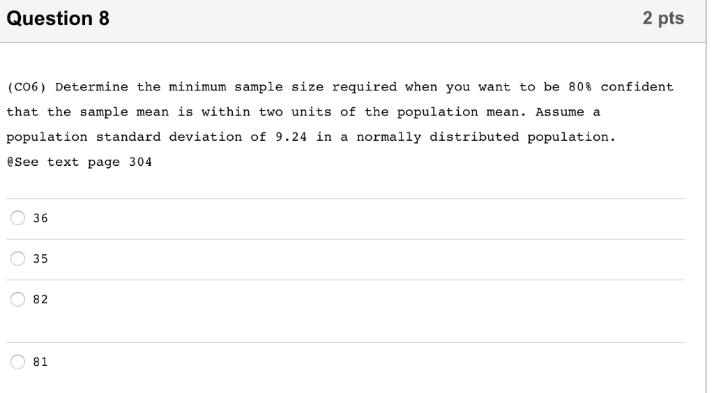 Solved 2 pts Question 8 (C06) Determine the minimum sample | Chegg.com