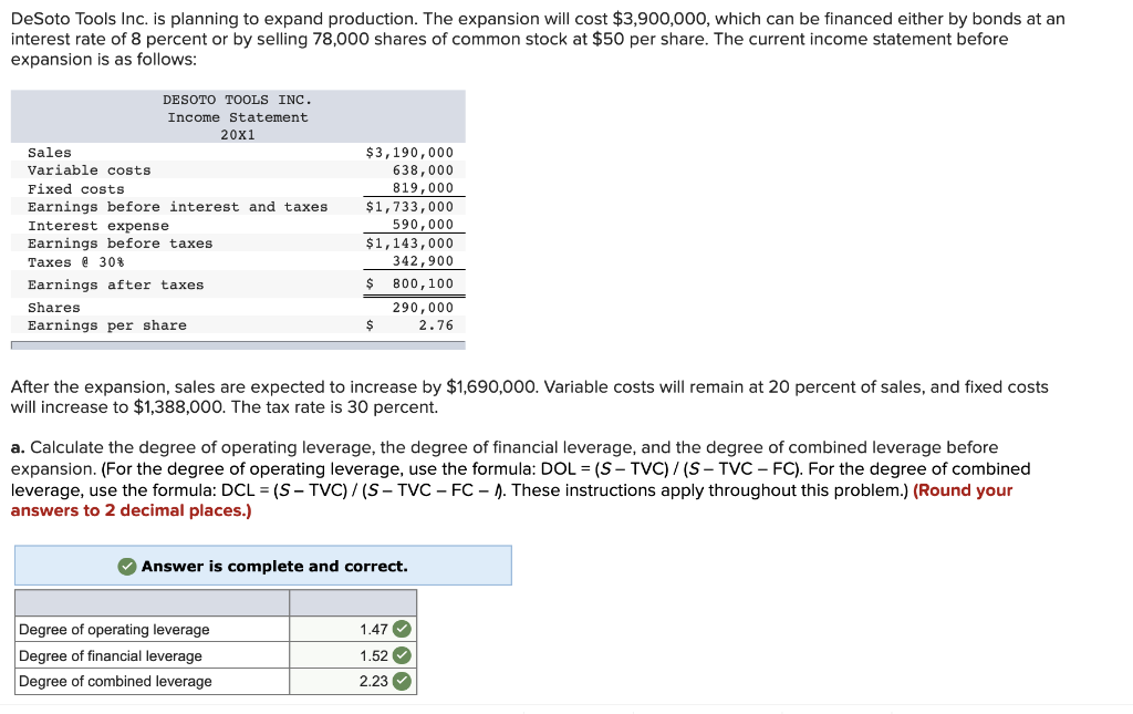 Solved DeSoto Tools Inc. is planning to expand production.