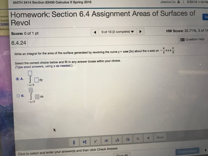 Solved MATH 2414 Section 83430 Calculus II Spring 2018 | Chegg.com