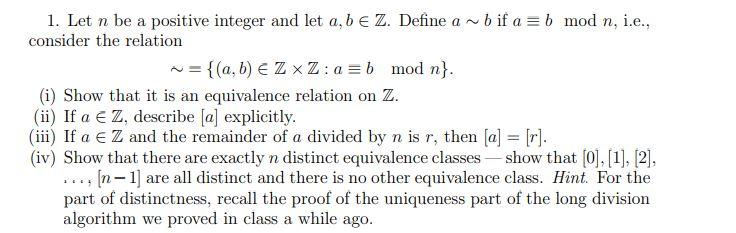 Solved 1. Let n be a positive integer and let a, b E Z. | Chegg.com