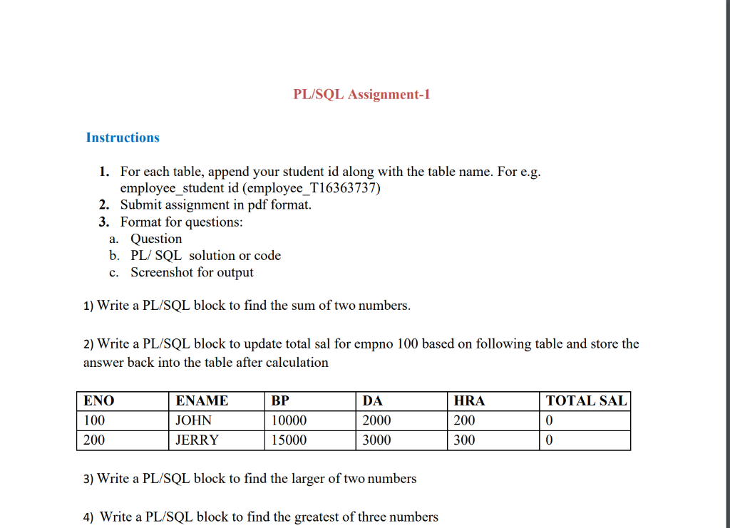 pl sql assignment