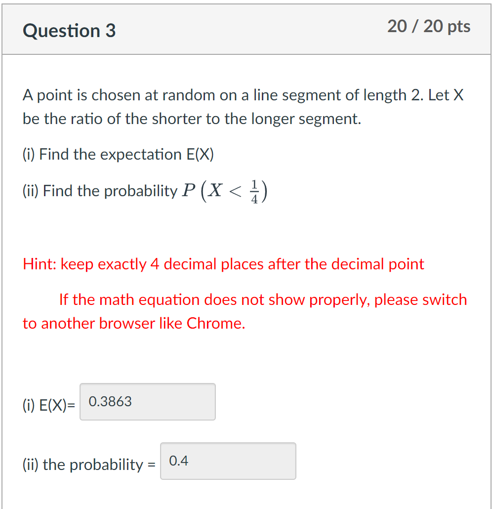 Solved Question 3 20 / 20 pts A point is chosen at random on 