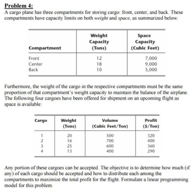 Solved Problem 4: A Cargo Plane Has Three Compartments For | Chegg.com