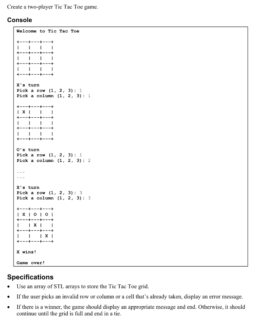 Create A Two Player Tic Tac Toe Game Console Welc Chegg Com