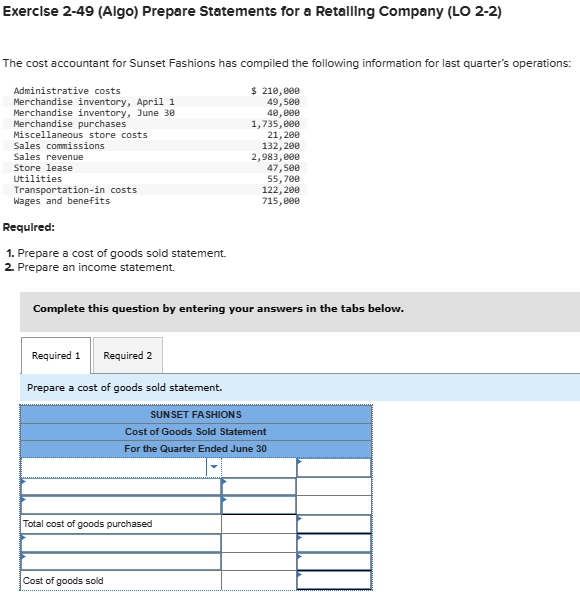 Solved Exerclse 2-49 (Algo) Prepare Statements for a | Chegg.com