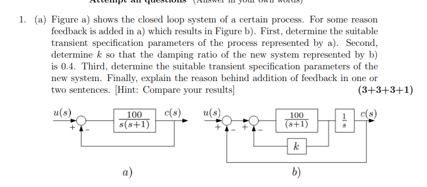 Solved 1. (a) Figure a) shows the closed loop system of a | Chegg.com