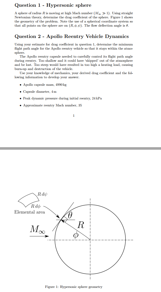 Question 1 Hypersonic sphere A sphere of radius R