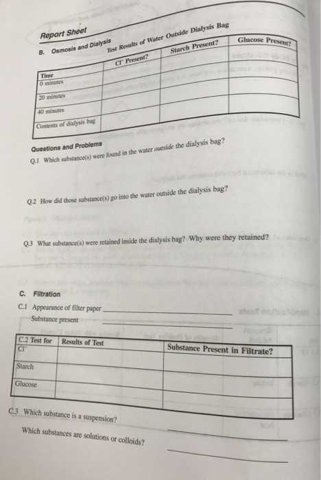 Report Sheet Bag Osmosis and Dialysis Present?Glucose | Chegg.com