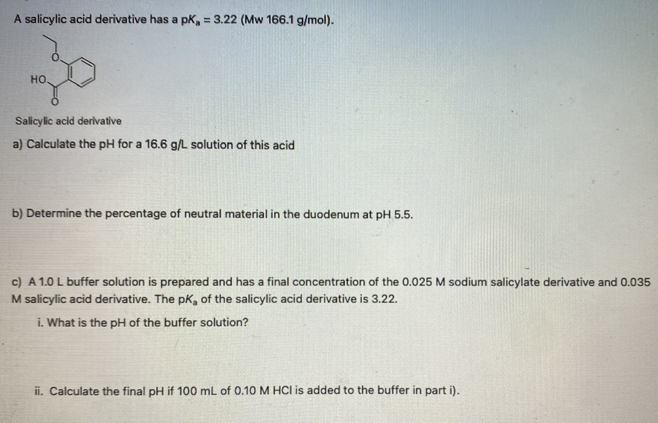 Solved A salicylic acid derivative has a pKa=3.22(Mw166.1
