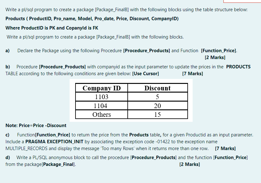 Write a pl/sql program to create a package | Chegg.com